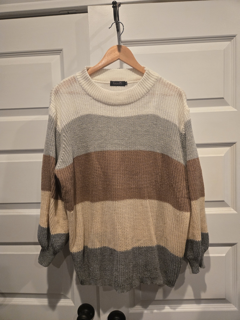 Amaryllis Striped Crewneck Sweater in Cream, Brown & Gray